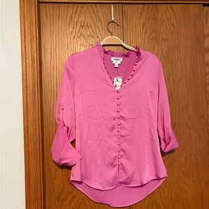 Express Women's Slim Fit Ruffle Collar Portofino Pink Button-Up Blouse
